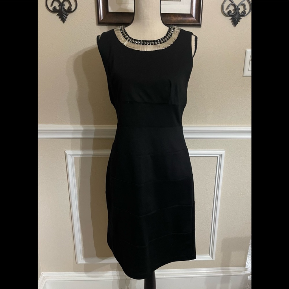 Bisou Bisou Black Mini Dress with Gold Beaded Neckline